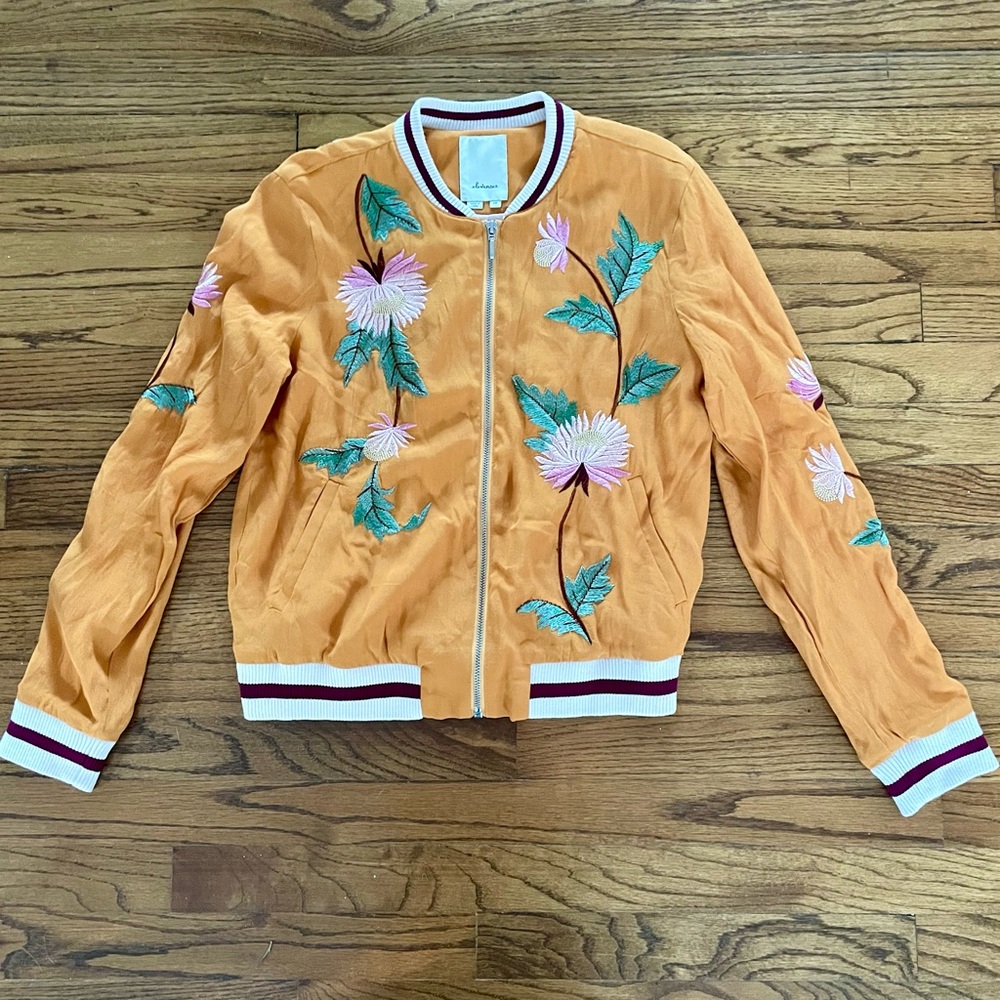 Anthropologie Elevenses Golden Yellow Floral Embroidered Zip Bomber Jacket XS - Picture 4 of 9